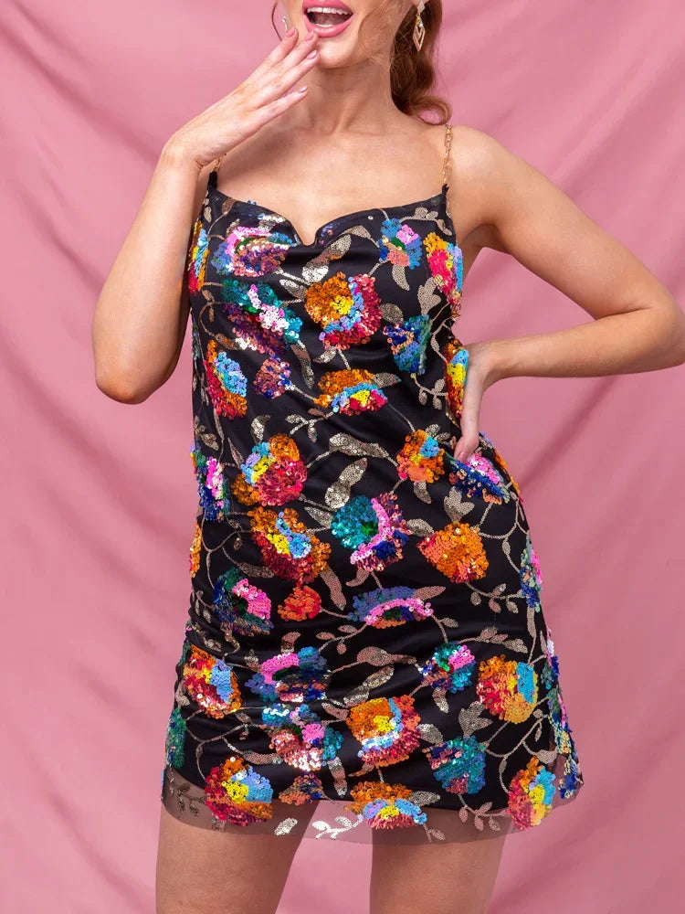 Abitino da Donna Tipo Slip Dress a Motivo Floreale con Schiena Scoperta e Spalline a Catena