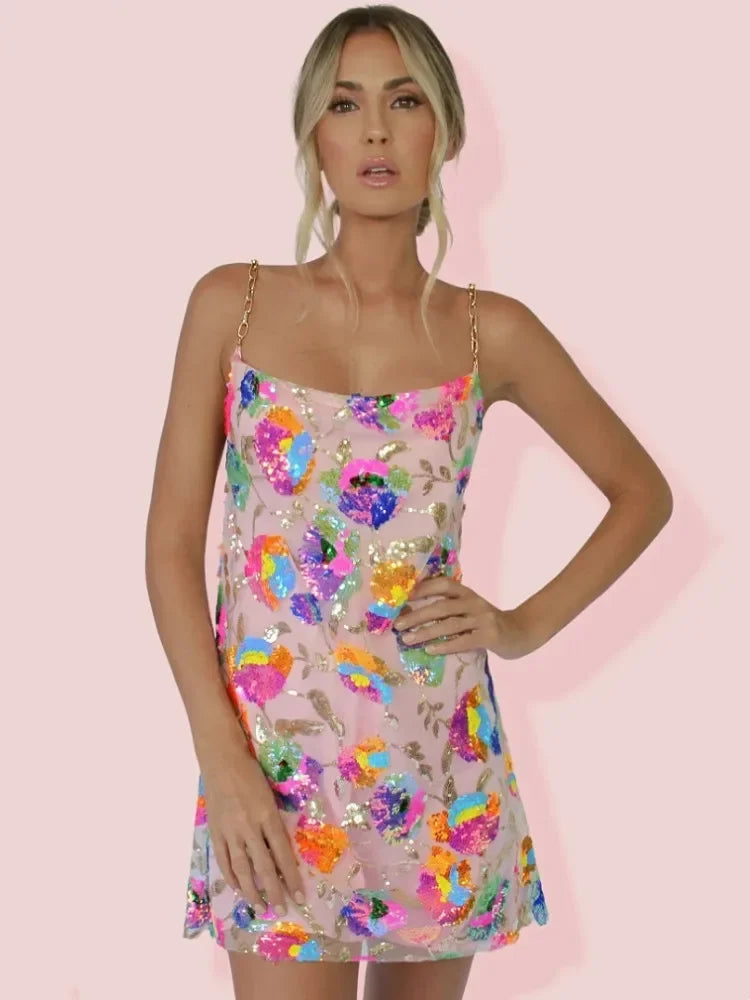 Abitino da Donna Tipo Slip Dress a Motivo Floreale con Schiena Scoperta e Spalline a Catena