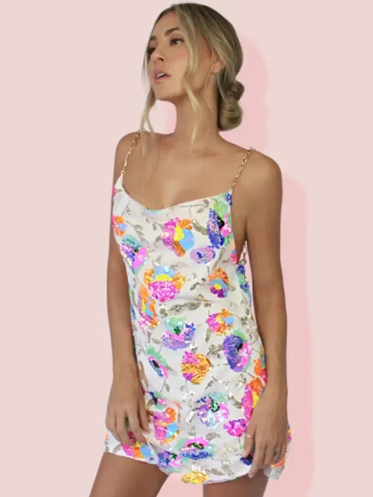 Abitino da Donna Tipo Slip Dress a Motivo Floreale con Schiena Scoperta e Spalline a Catena