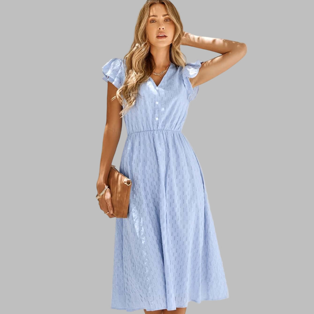 Abitino midi fluido da donna con scollo a V e volant