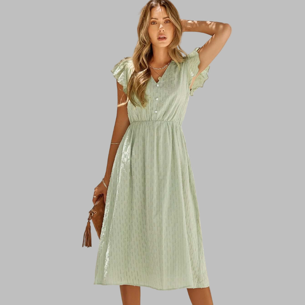 Abitino midi fluido da donna con scollo a V e volant