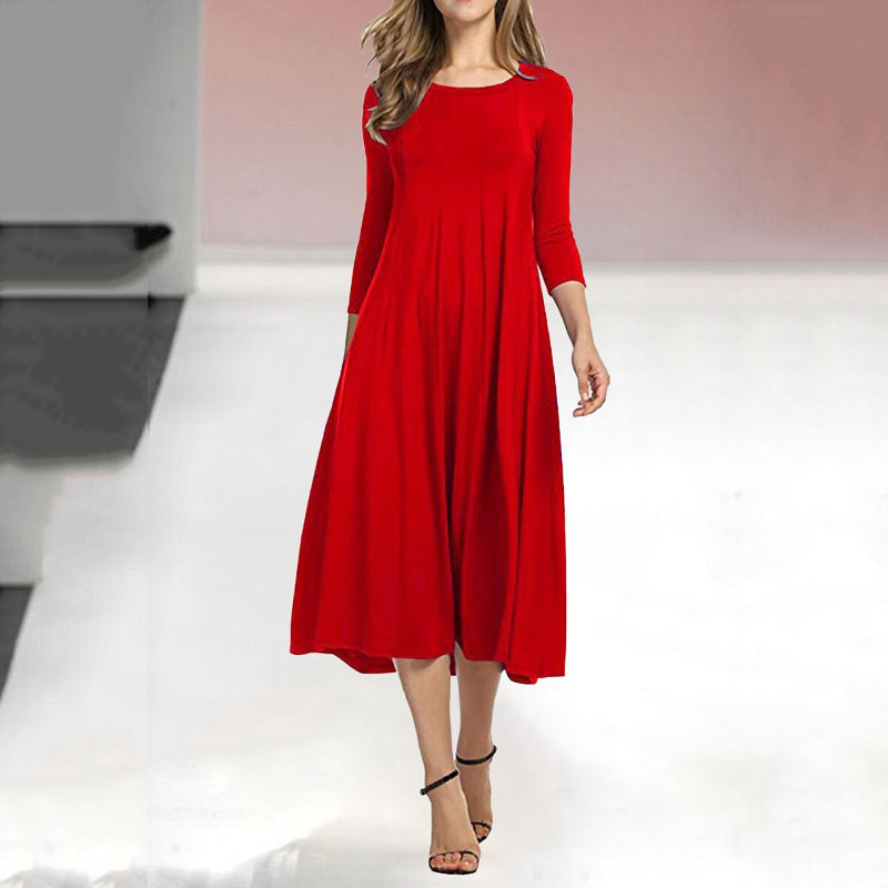Abitino swing casual da donna a tinta unita con maniche a tre quarti