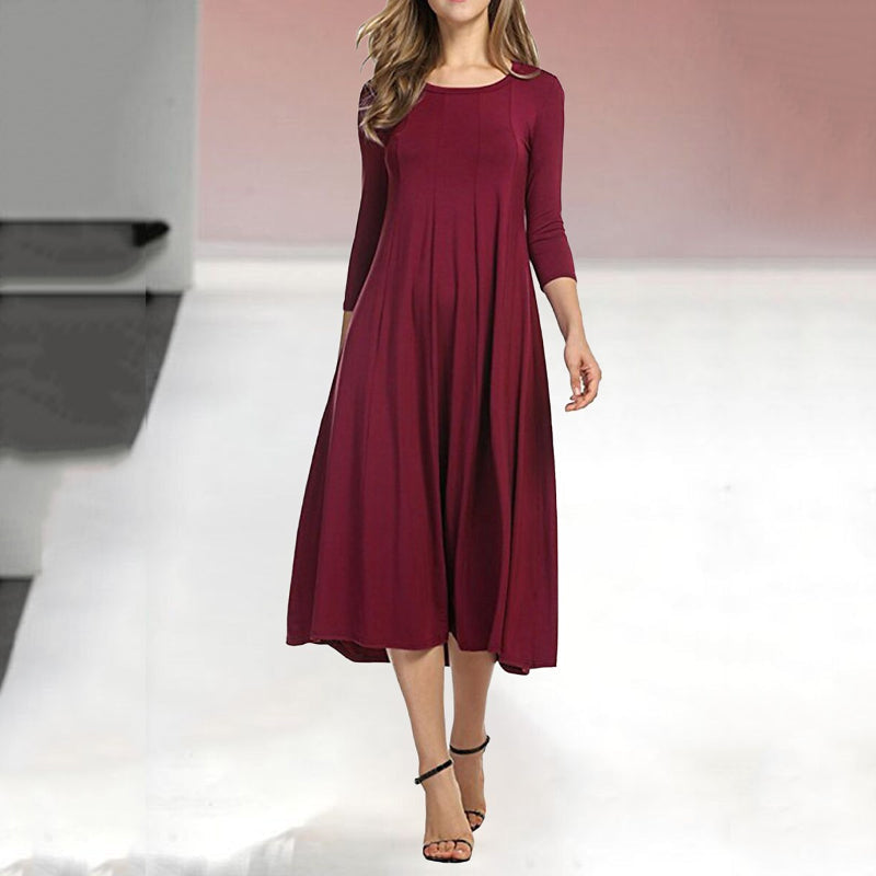 Abitino swing casual da donna a tinta unita con maniche a tre quarti