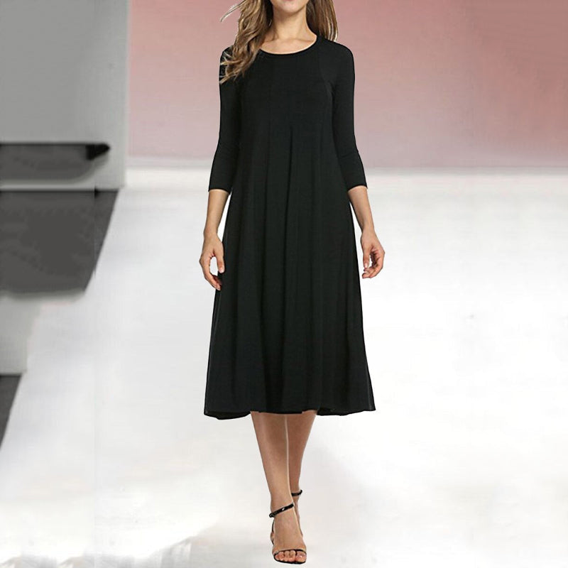 Abitino swing casual da donna a tinta unita con maniche a tre quarti