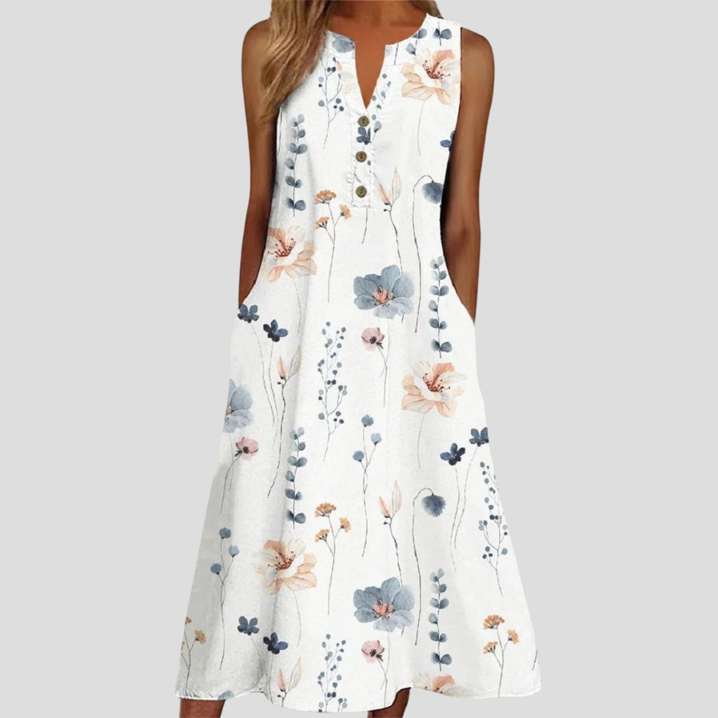 Abito da Donna Bianco Smanicato Floreale con Scollo a V