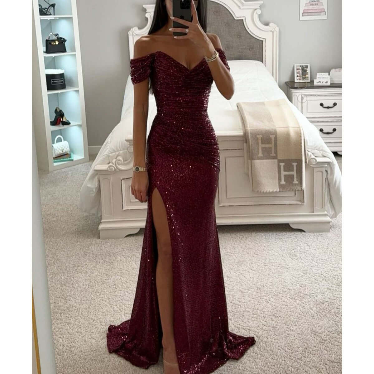 Abito da sera maxi da donna con paillettes e spalle scoperte