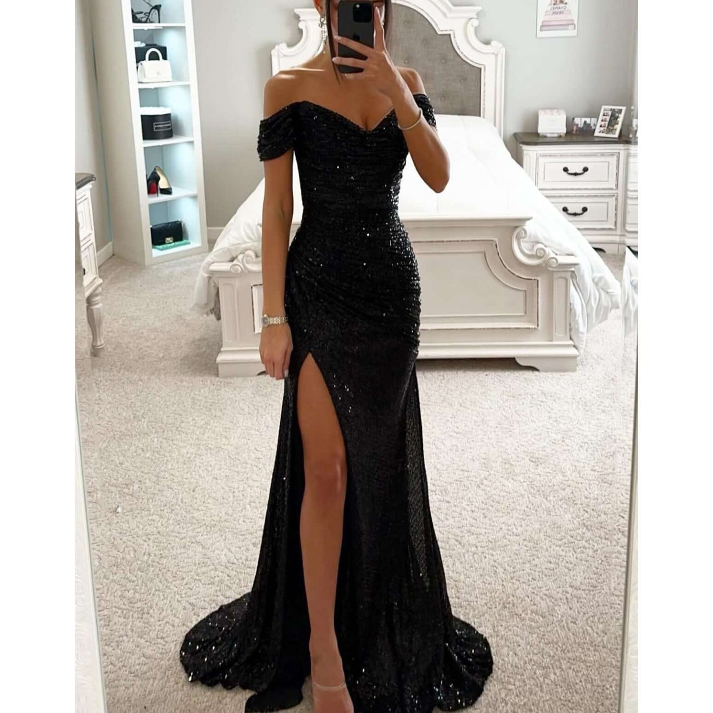 Abito da sera maxi da donna con paillettes e spalle scoperte