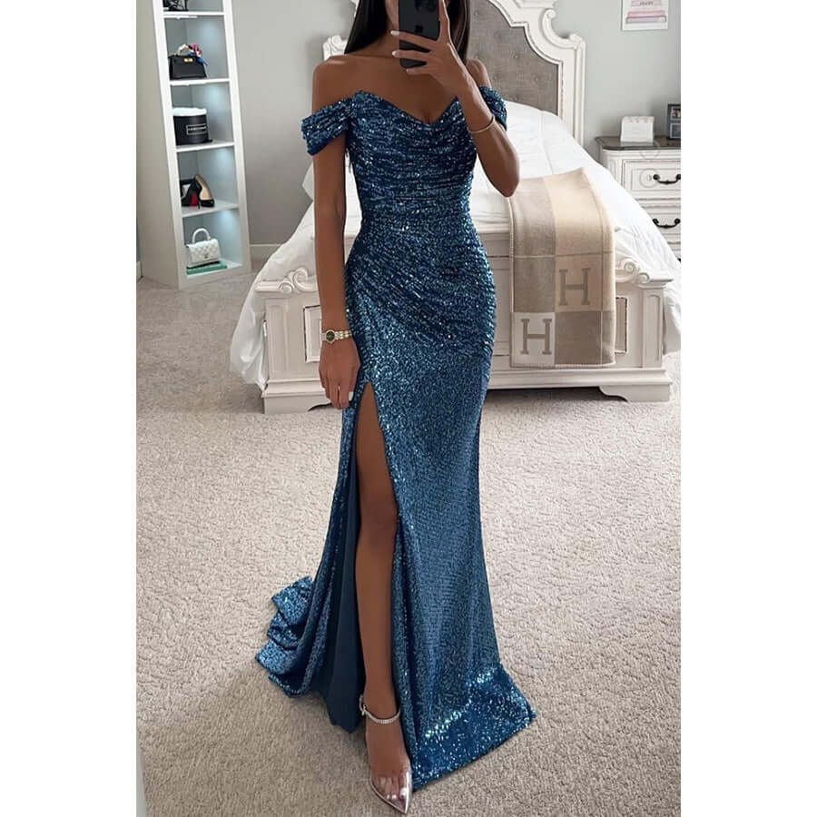 Abito da sera maxi da donna con paillettes e spalle scoperte