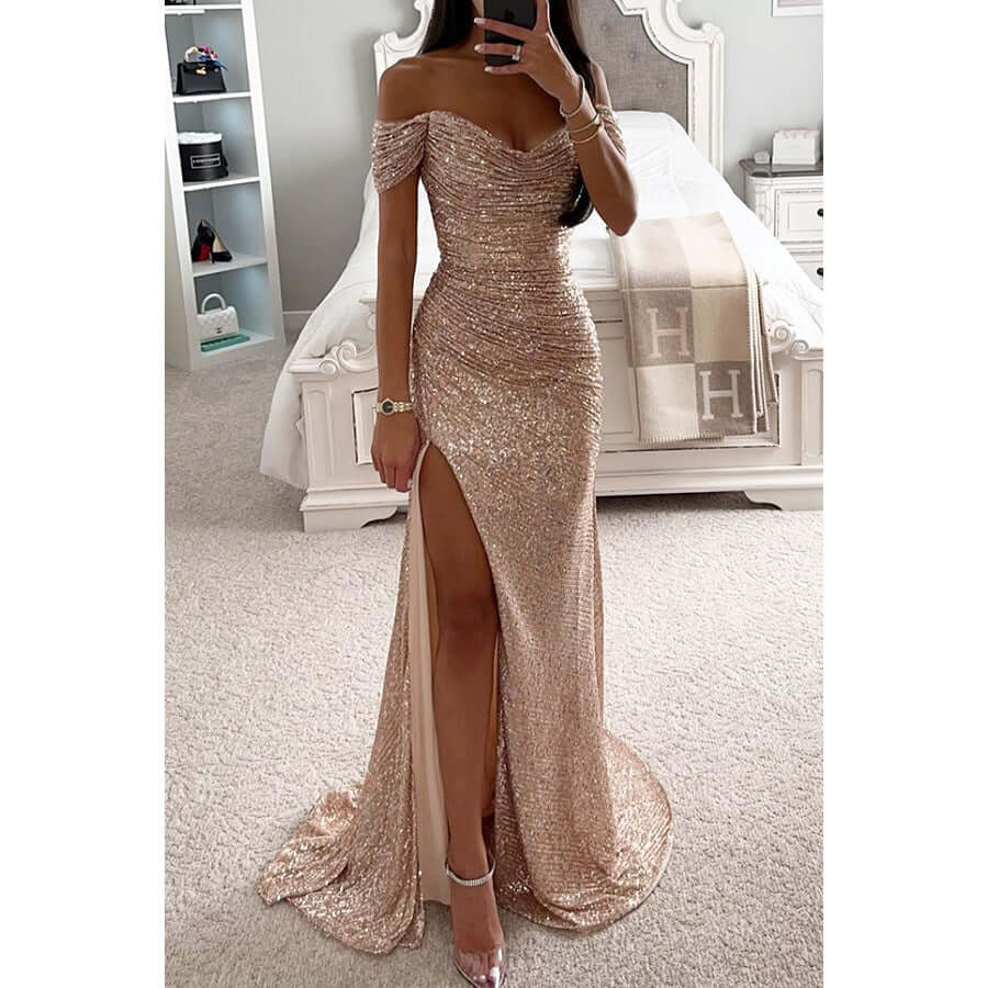 Abito da sera maxi da donna con paillettes e spalle scoperte