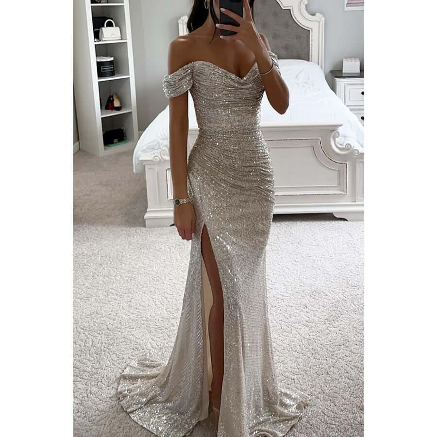 Abito da sera maxi da donna con paillettes e spalle scoperte