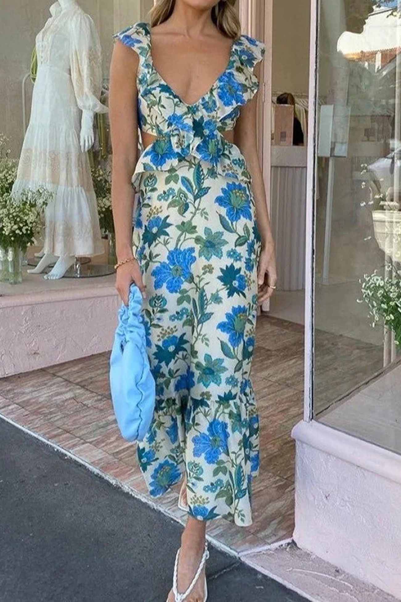 Abito lungo da donna floreale senza maniche