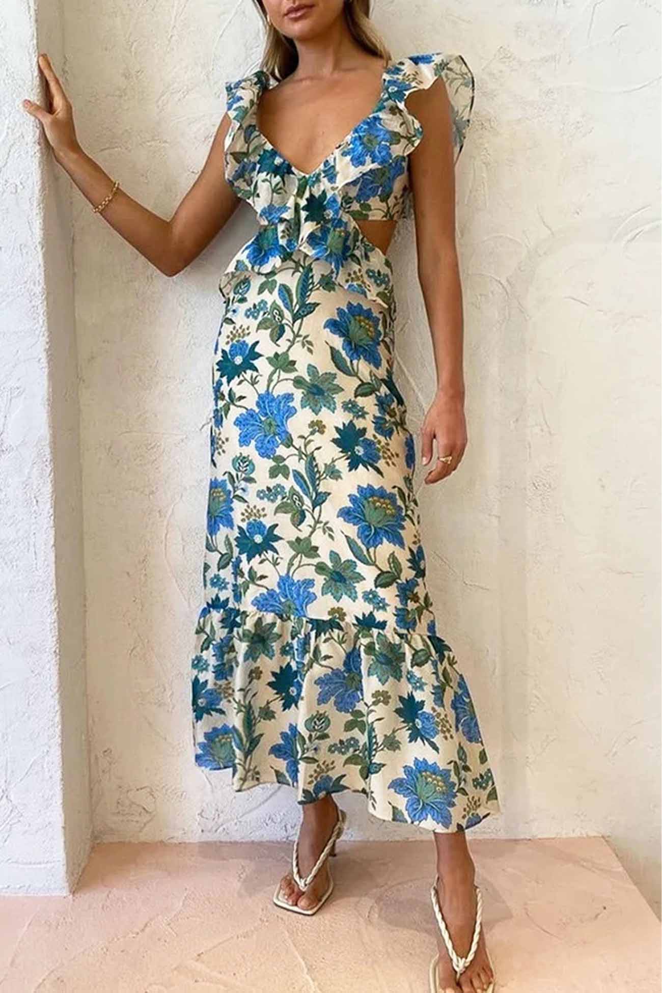 Abito lungo da donna floreale senza maniche