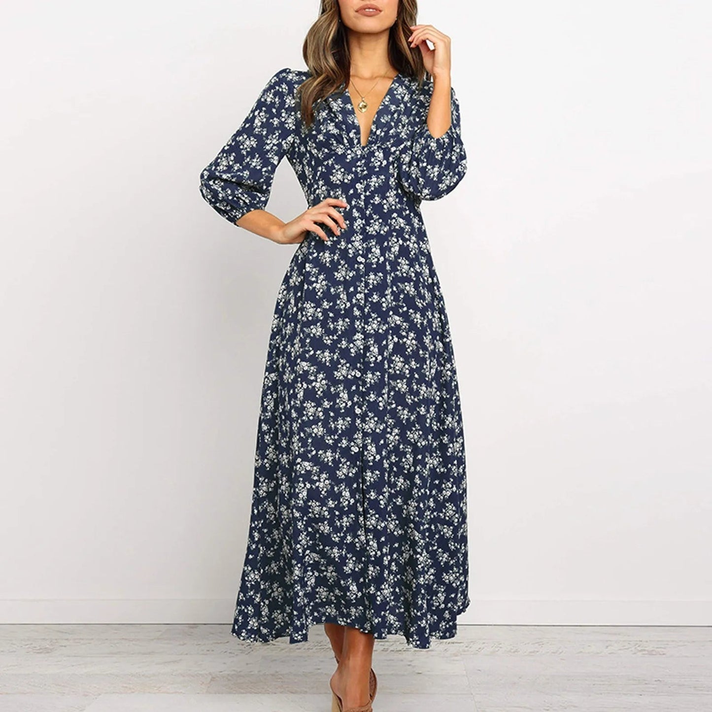Abito lungo maxi da donna a fiori a maniche lunghe