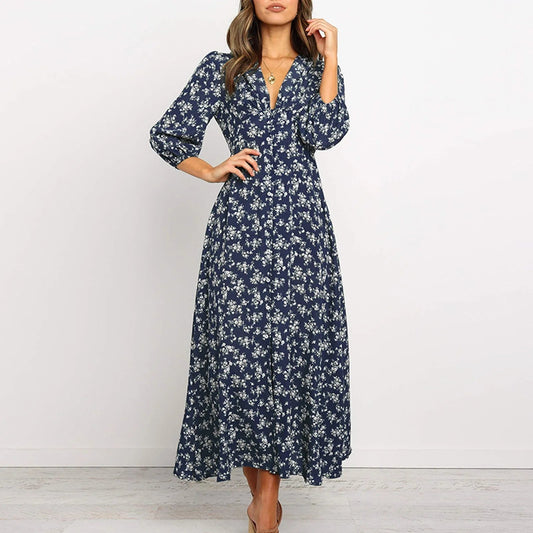 Abito lungo maxi da donna a fiori a maniche lunghe