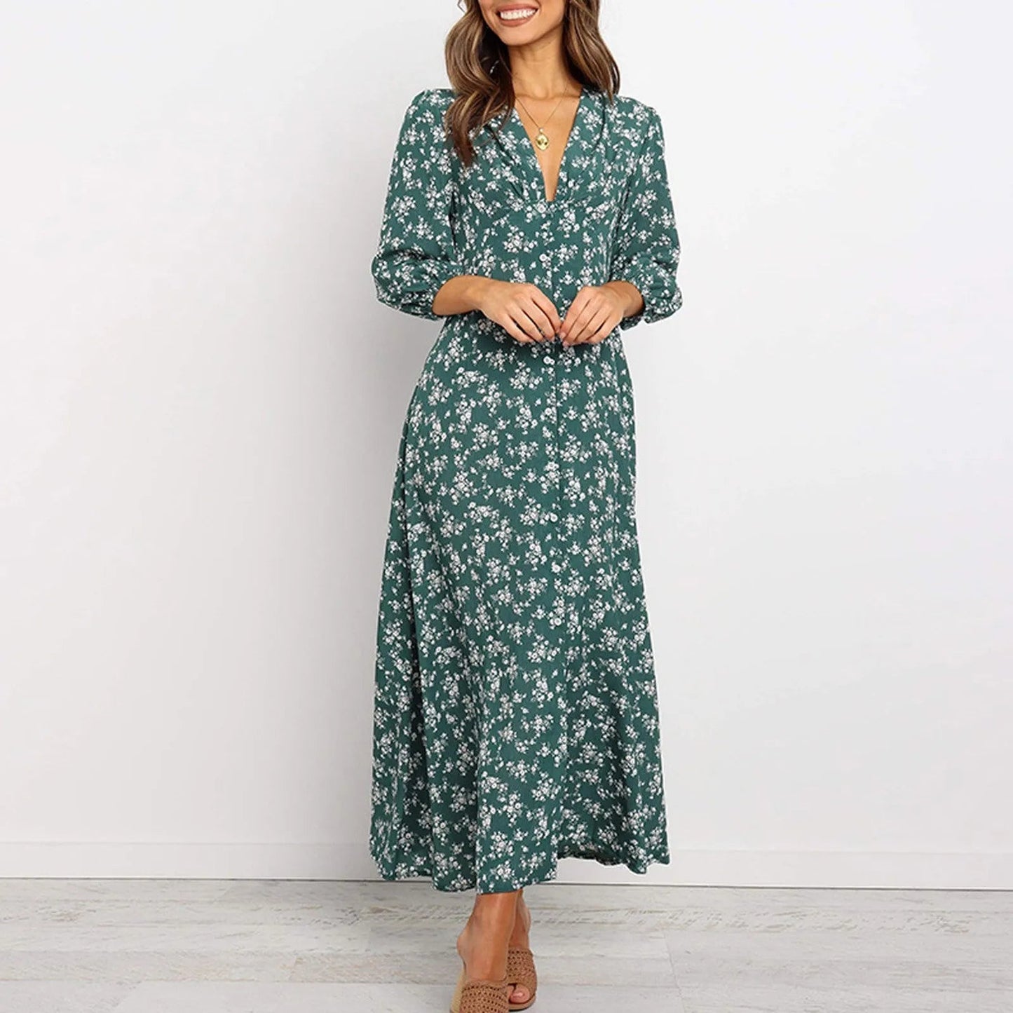 Abito lungo maxi da donna a fiori a maniche lunghe