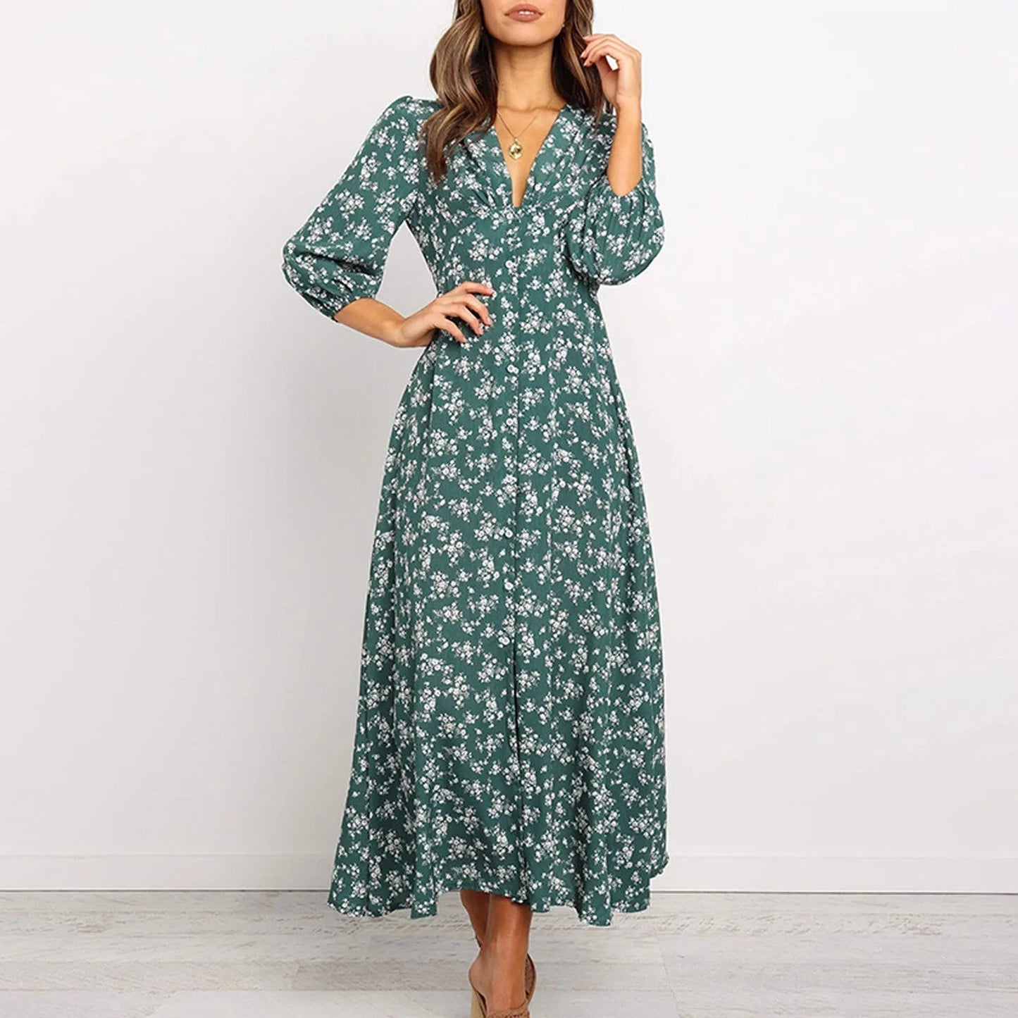 Abito lungo maxi da donna a fiori a maniche lunghe