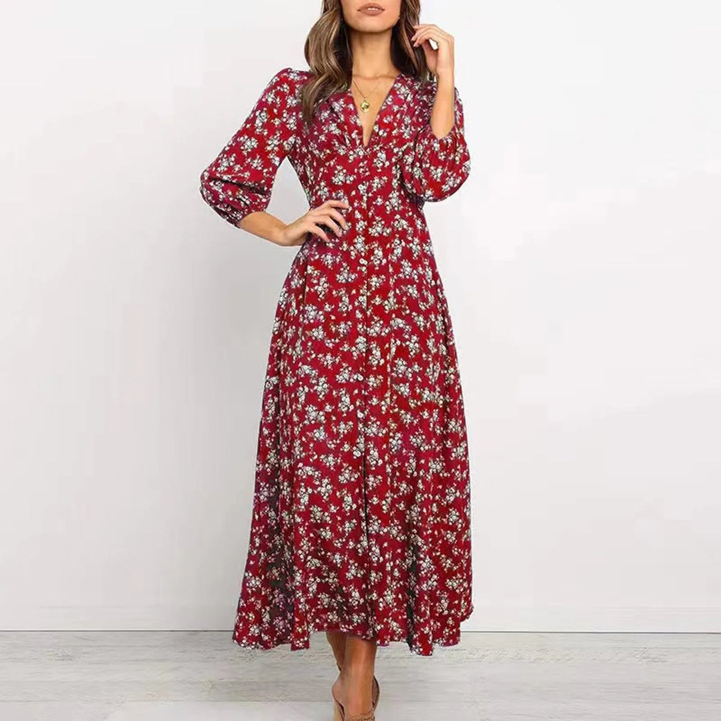 Abito lungo maxi da donna a fiori a maniche lunghe