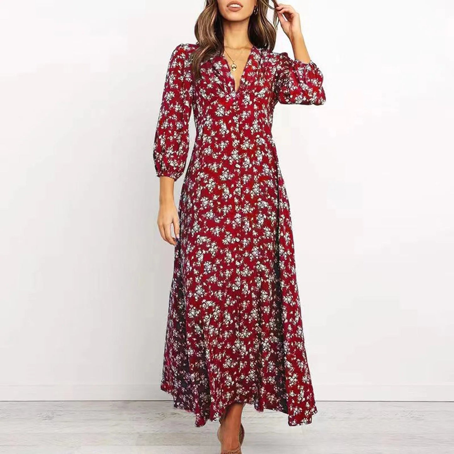 Abito lungo maxi da donna a fiori a maniche lunghe