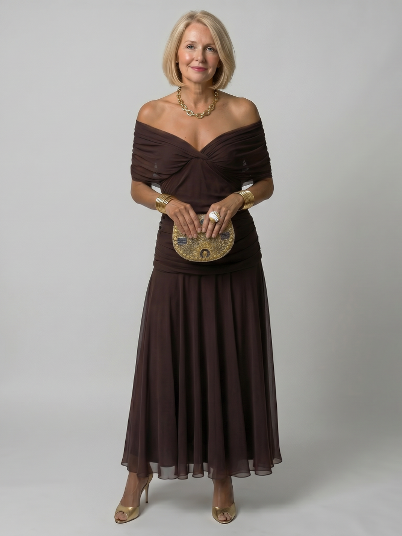 Abito maxi con spalle scoperte da donna