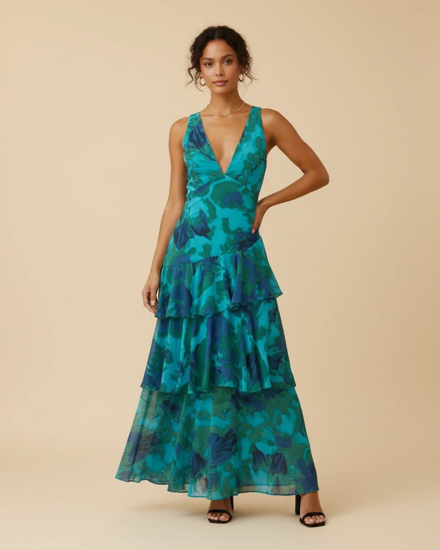 Abito maxi da donna a balze senza maniche con motivo floreale