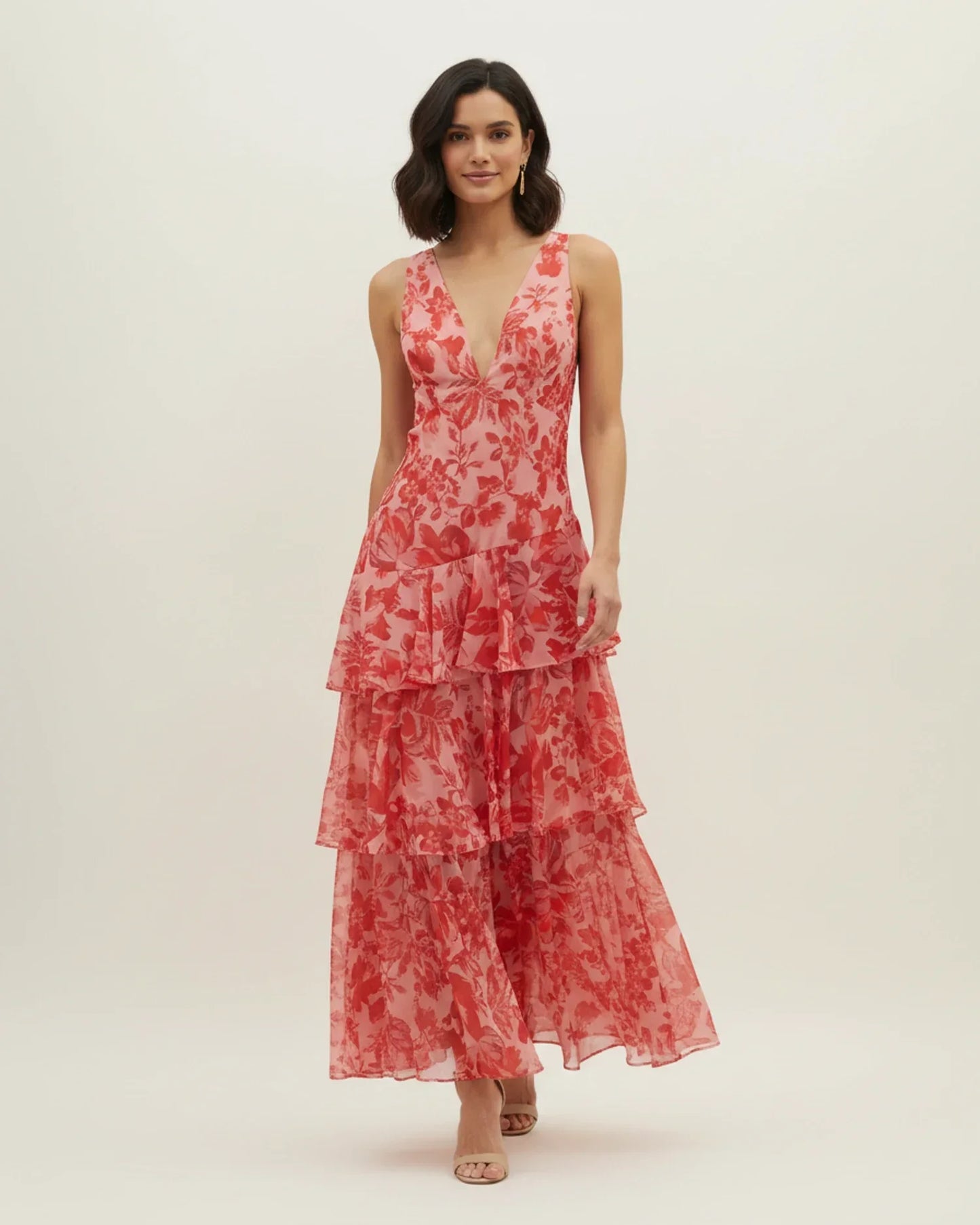 Abito maxi da donna a balze senza maniche con motivo floreale