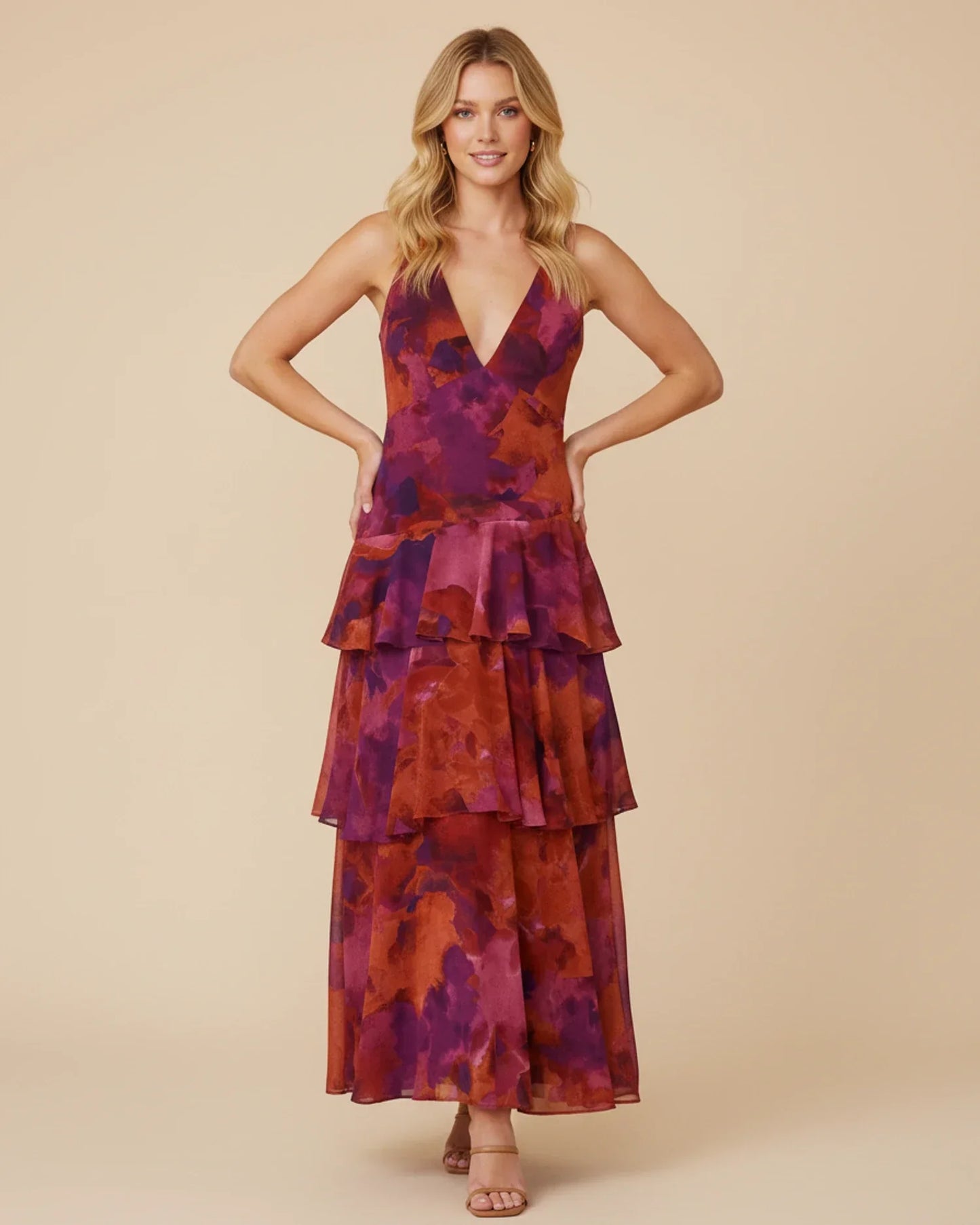 Abito maxi da donna a balze senza maniche con motivo floreale