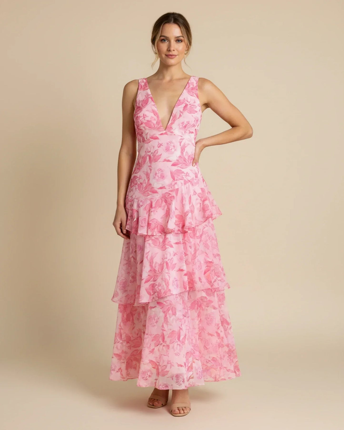 Abito maxi da donna a balze senza maniche con motivo floreale