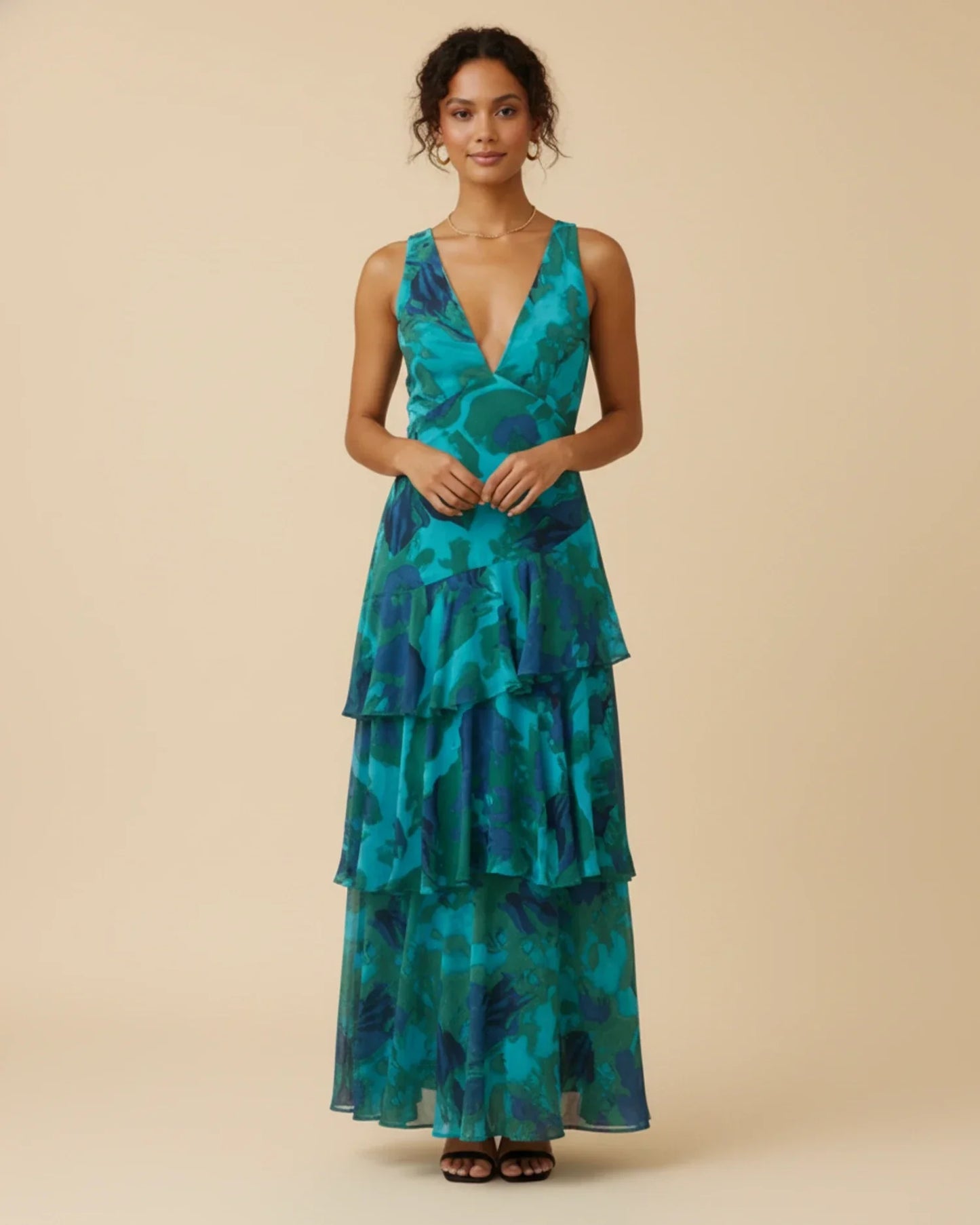 Abito maxi da donna a balze senza maniche con motivo floreale
