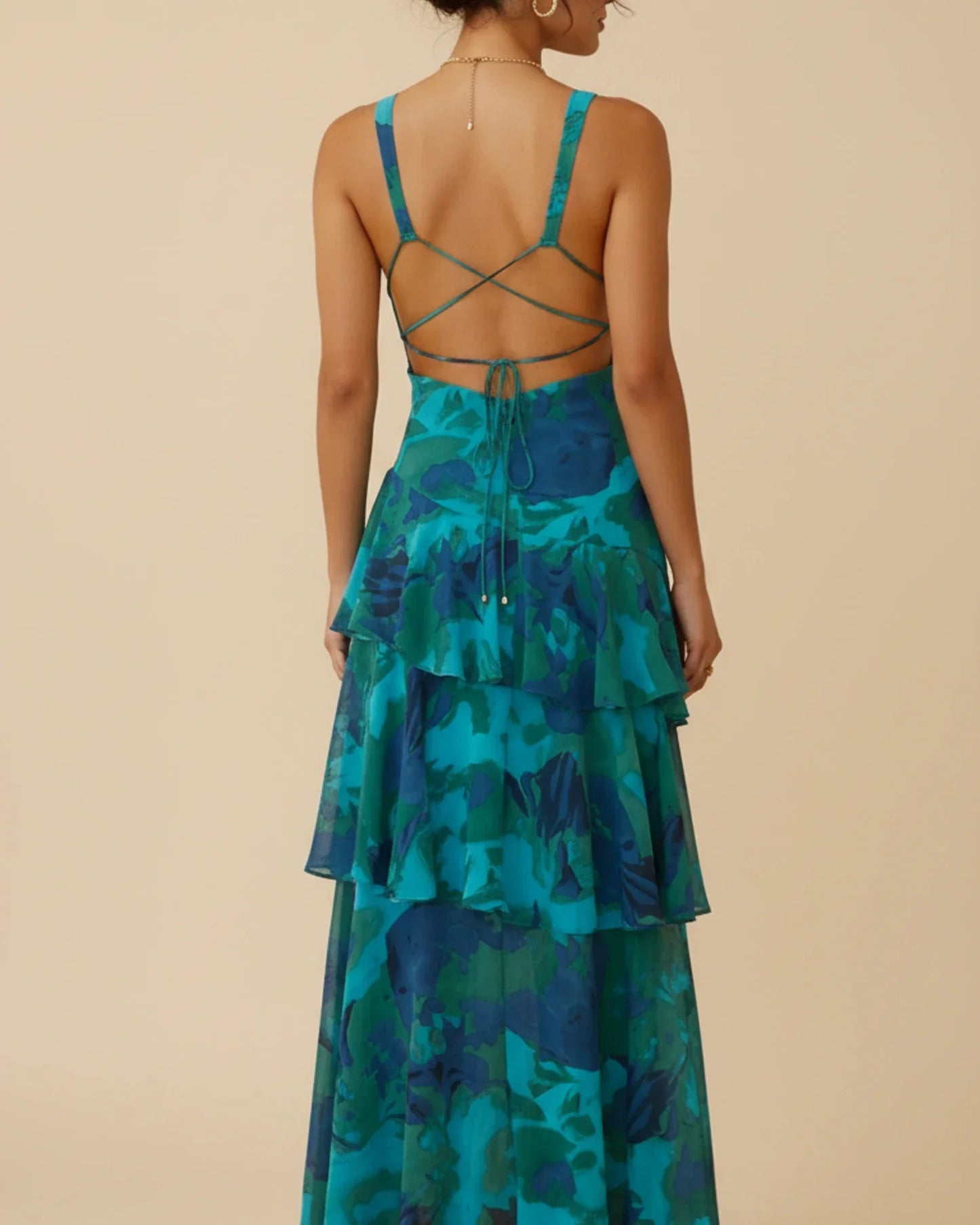 Abito maxi da donna a balze senza maniche con motivo floreale