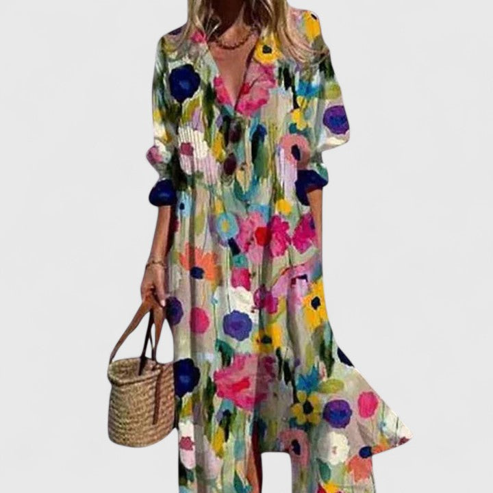 Abito Maxi da Donna a Fantasia Floreale con Bottoni