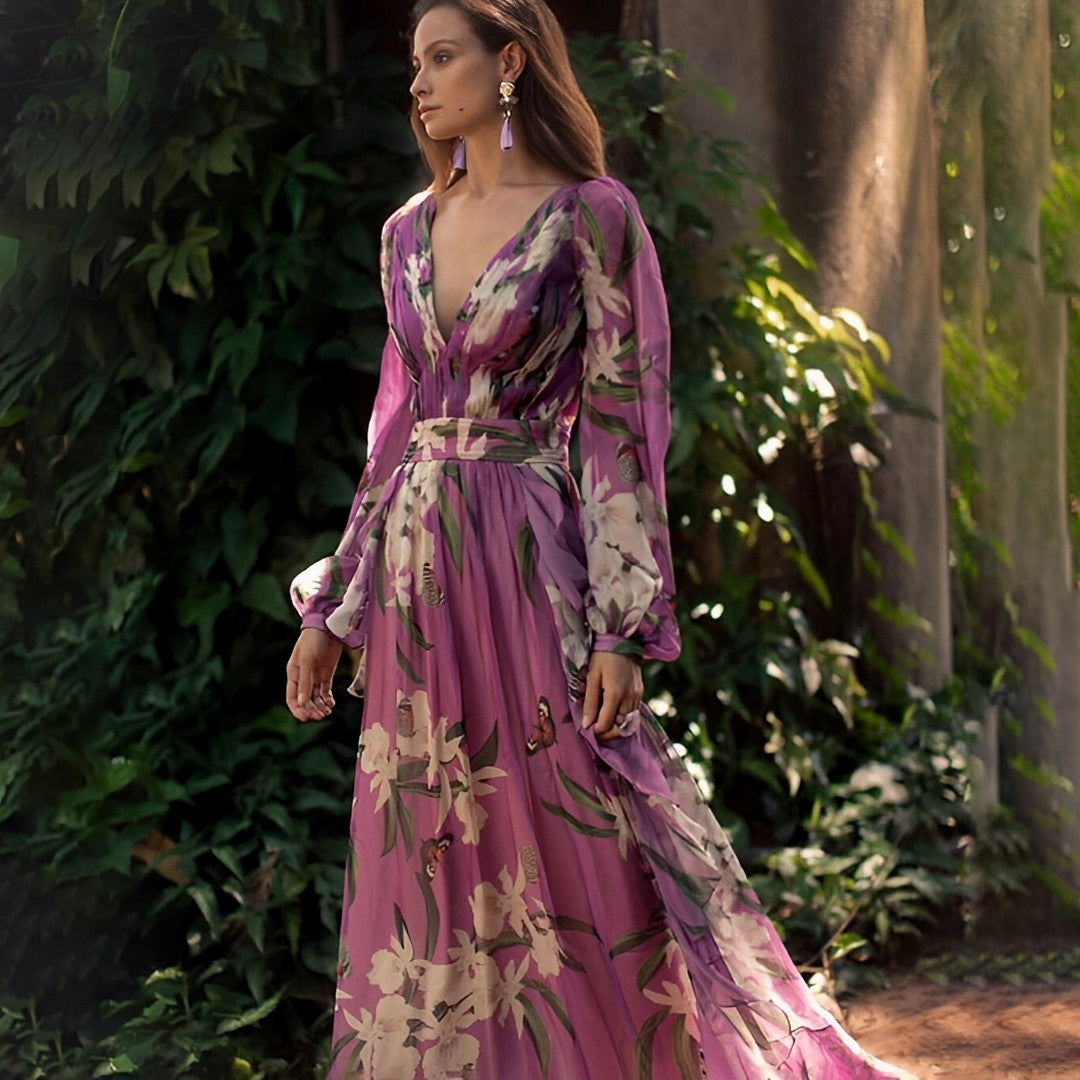 Abito maxi da donna a fantasia floreale con scollo a V