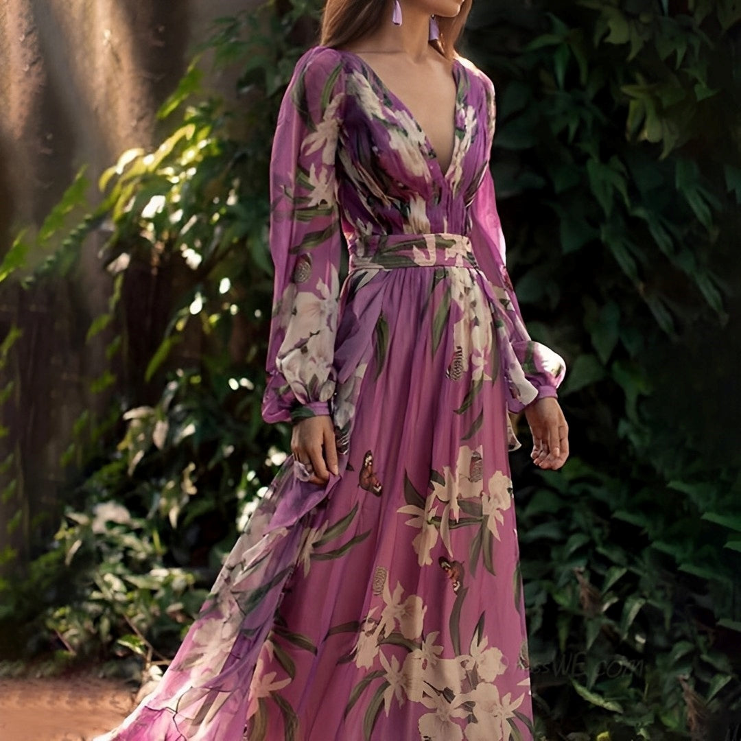 Abito maxi da donna a fantasia floreale con scollo a V