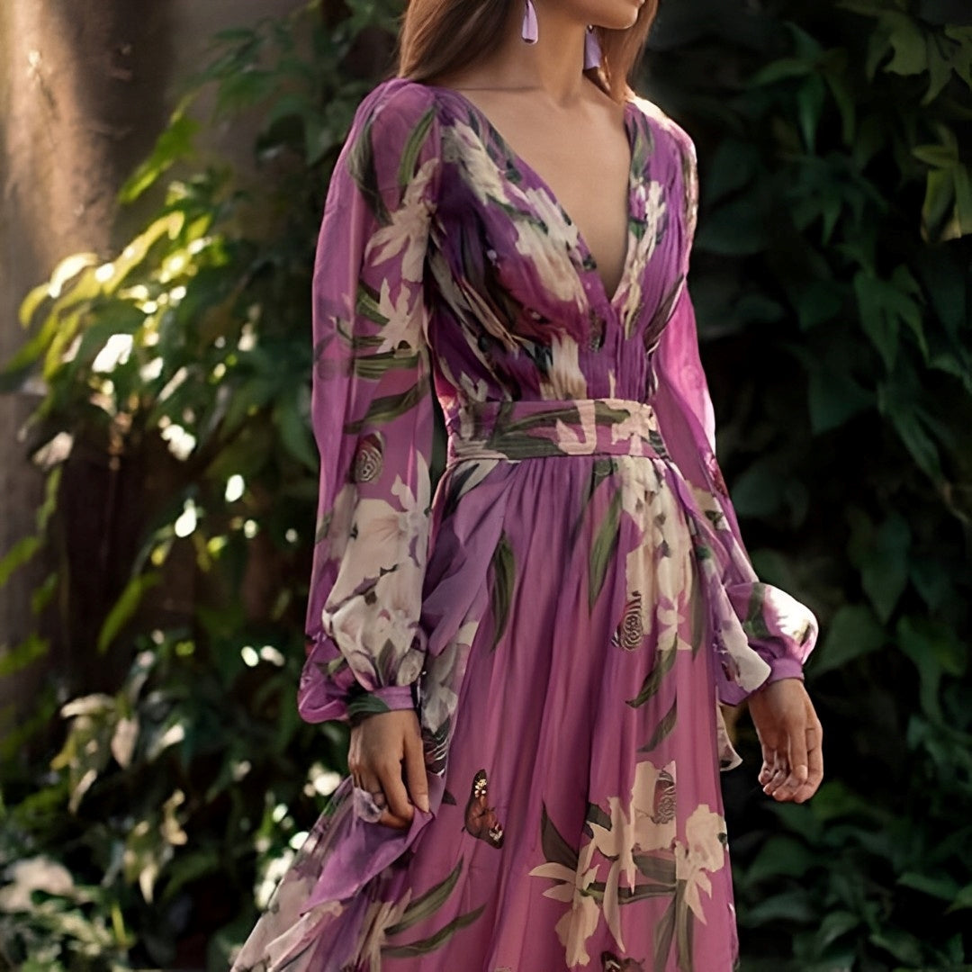 Abito maxi da donna a fantasia floreale con scollo a V