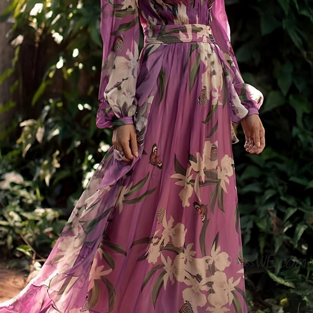 Abito maxi da donna a fantasia floreale con scollo a V