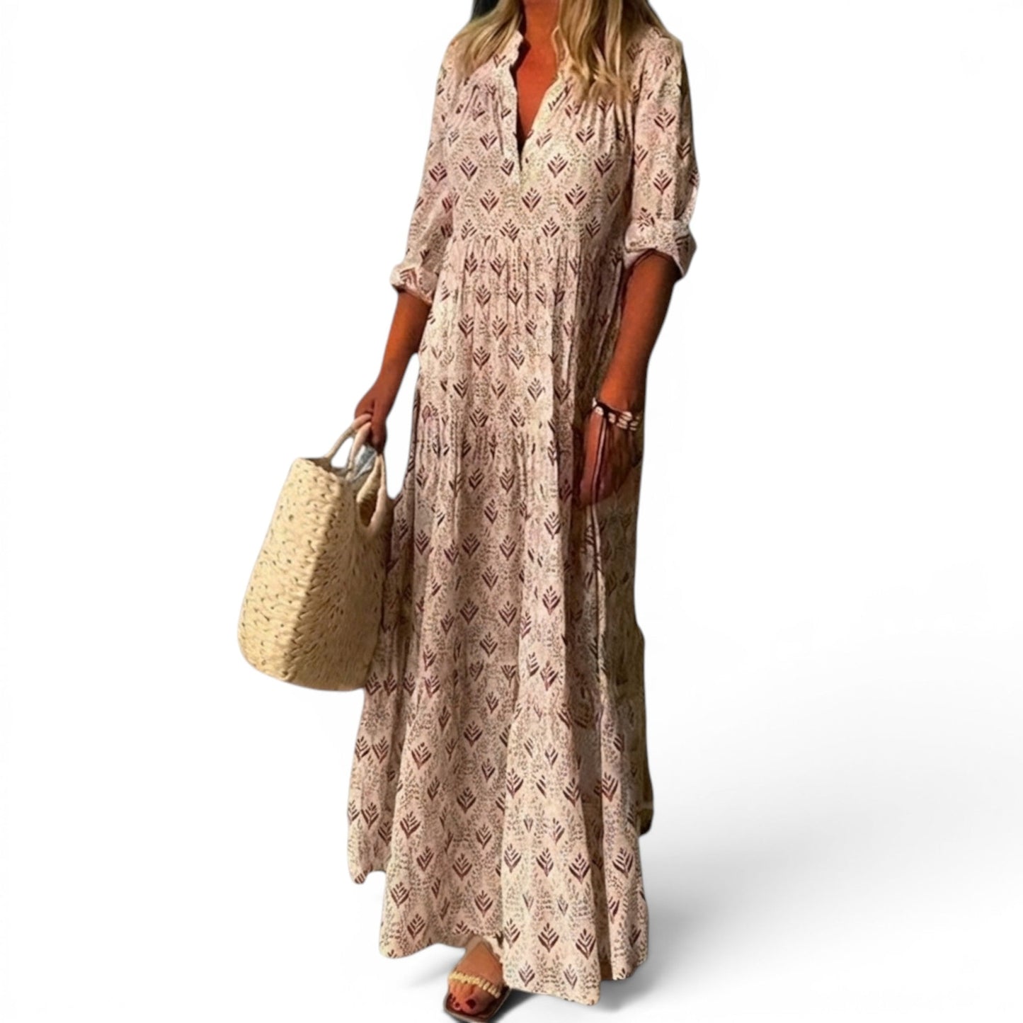 Abito Maxi da Donna con Scollo a V, Vestibilità Morbida e Motivo Vintage