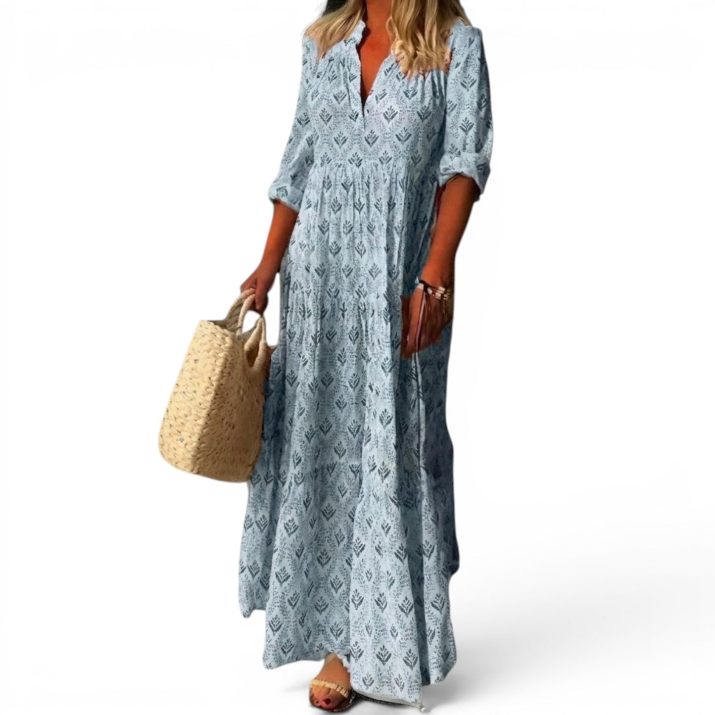 Abito Maxi da Donna con Scollo a V, Vestibilità Morbida e Motivo Vintage