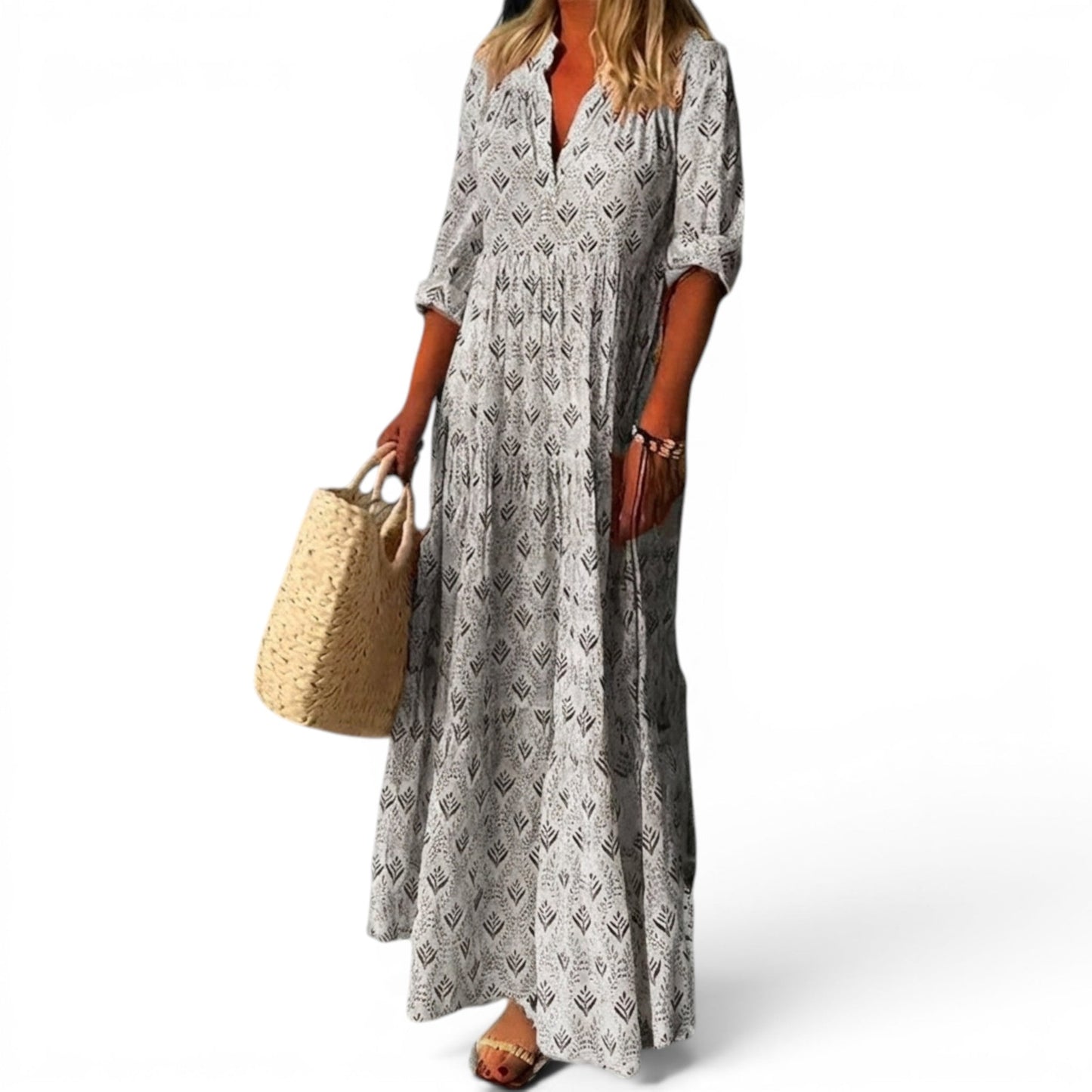 Abito Maxi da Donna con Scollo a V, Vestibilità Morbida e Motivo Vintage