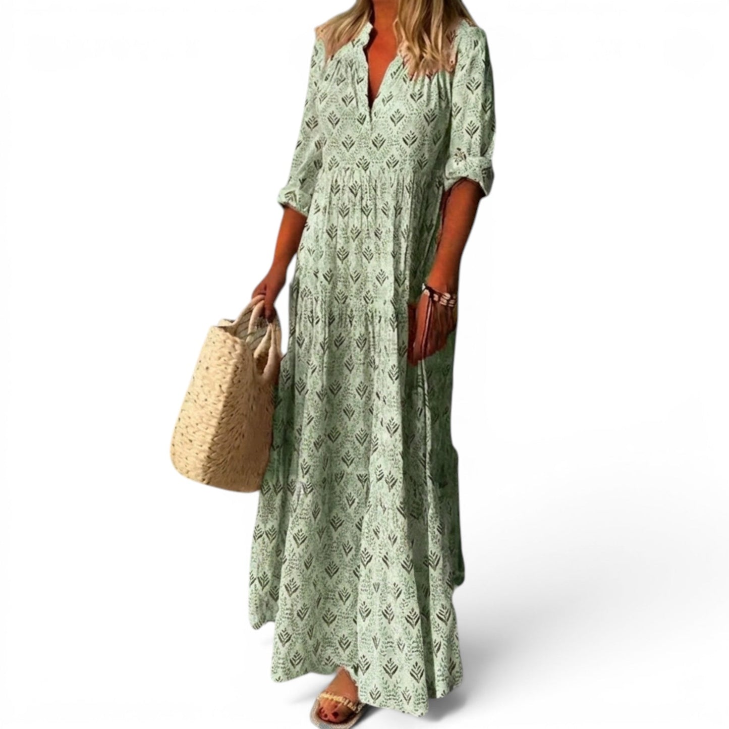 Abito Maxi da Donna con Scollo a V, Vestibilità Morbida e Motivo Vintage