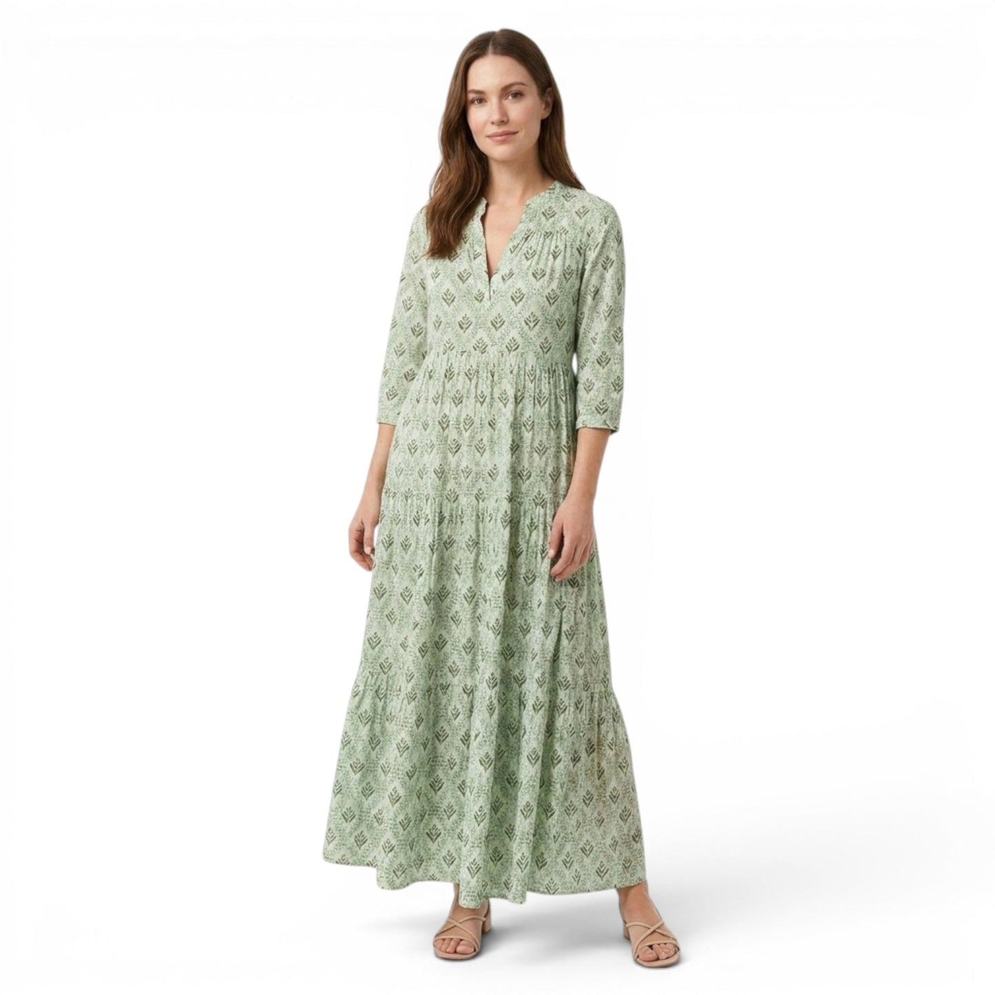 Abito Maxi da Donna con Scollo a V, Vestibilità Morbida e Motivo Vintage