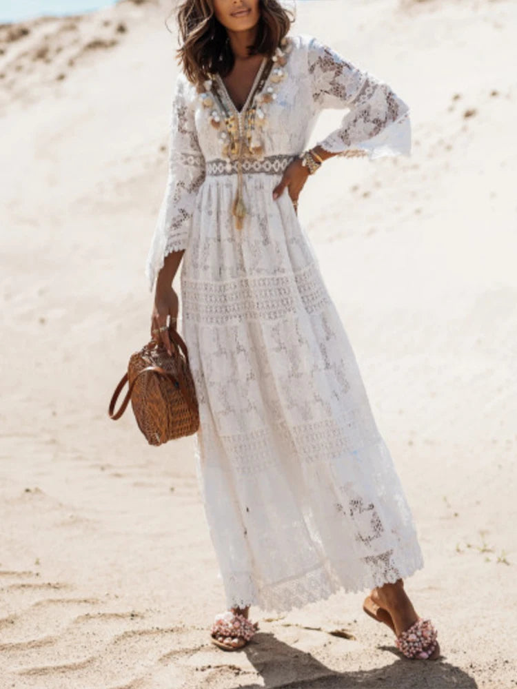 Abito maxi da donna in pizzo con scollo a V