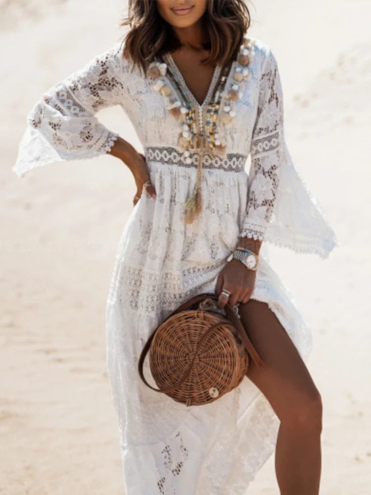 Abito maxi da donna in pizzo con scollo a V