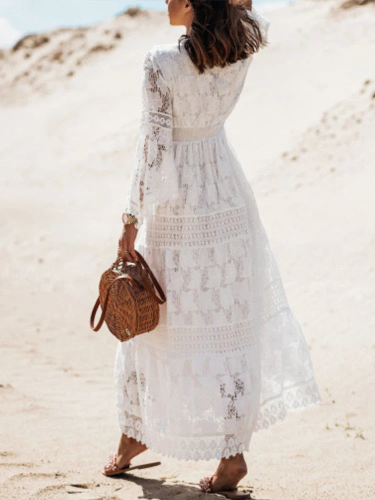 Abito maxi da donna in pizzo con scollo a V