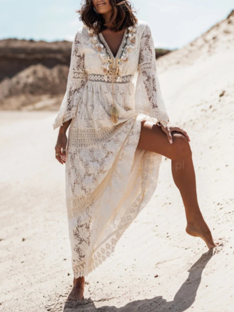 Abito maxi da donna in pizzo con scollo a V