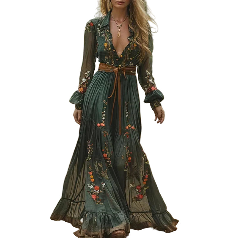 Abito maxi da donna in stile bohémien con scollo a V blu e verde
