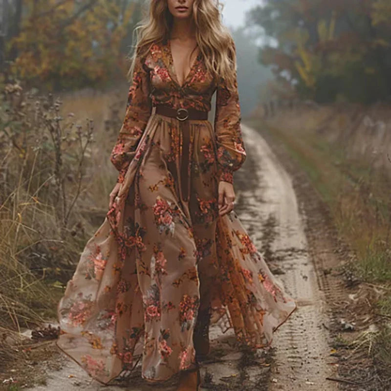 Abito maxi da donna in stile bohémien con scollo a V blu e verde