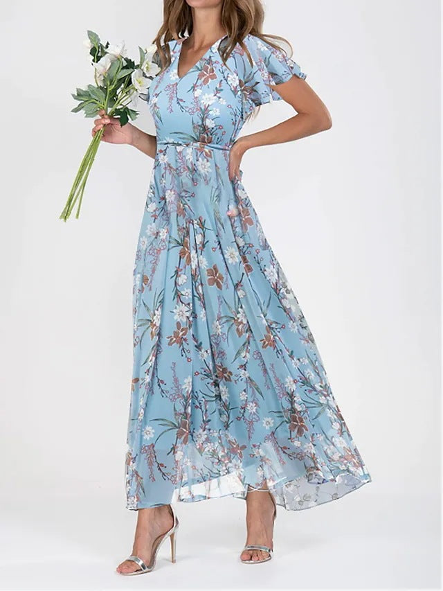 Abito maxi da donna linea ad A con scollo a V