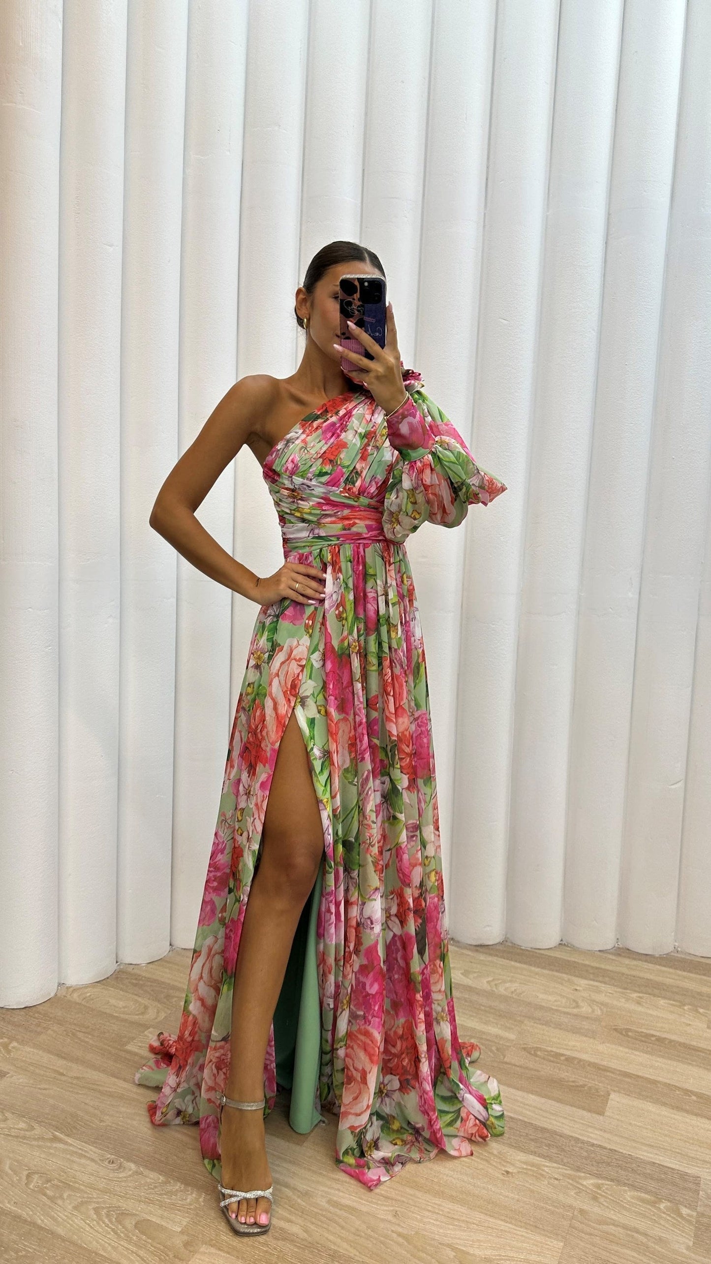 Abito maxi da donna monospalla a fantasia floreale