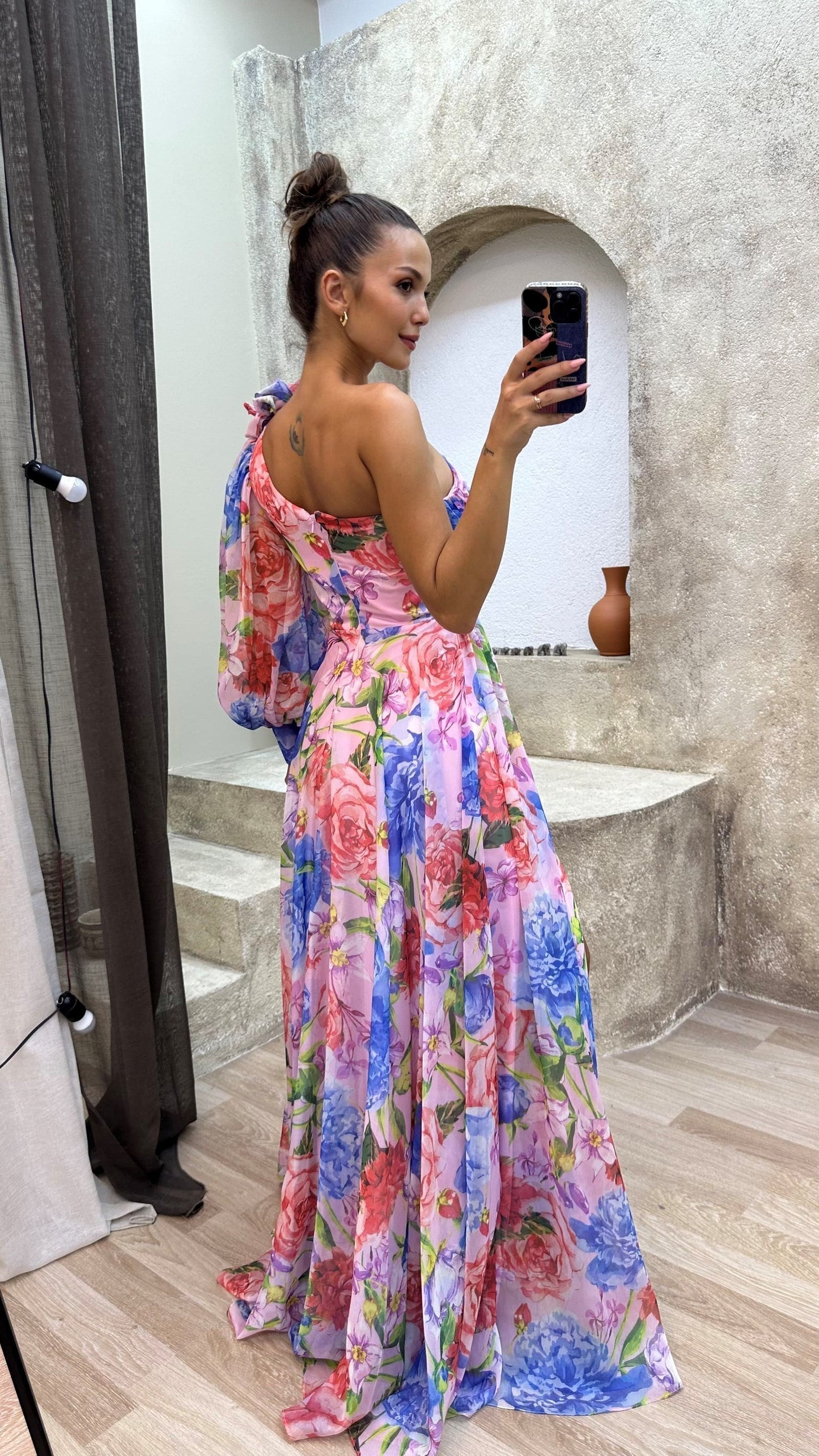 Abito maxi da donna monospalla a fantasia floreale