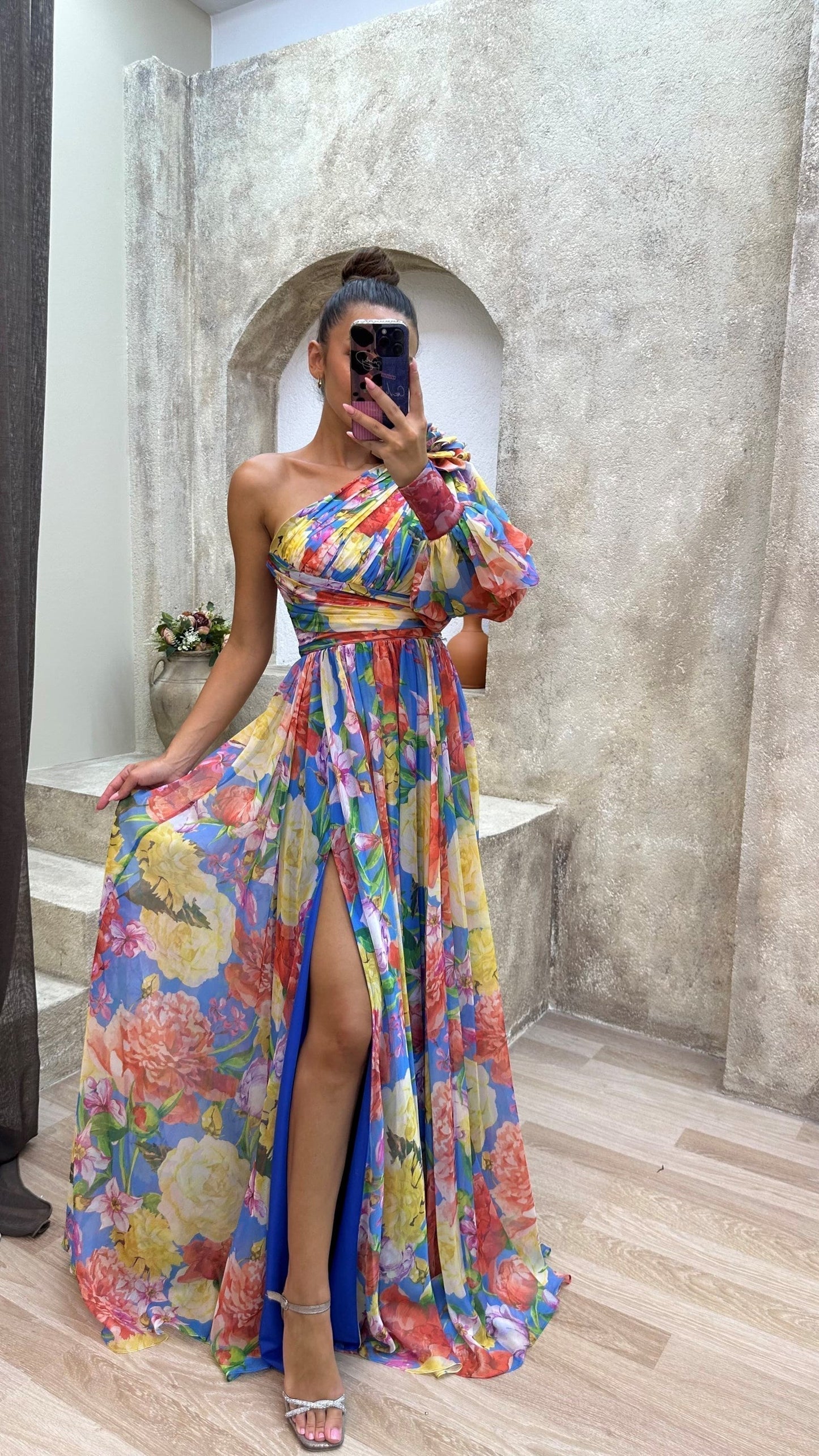 Abito maxi da donna monospalla a fantasia floreale