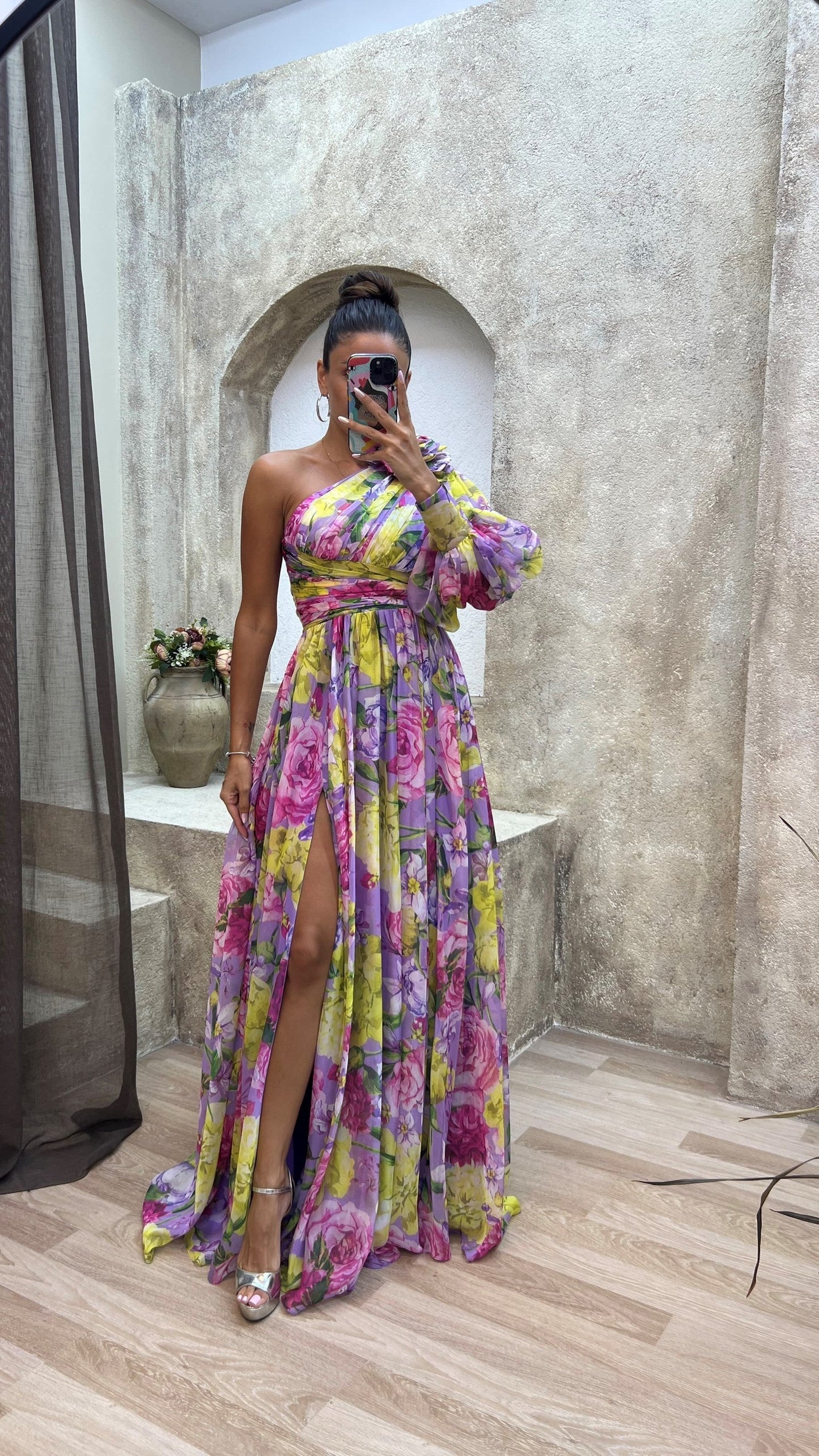 Abito maxi da donna monospalla a fantasia floreale